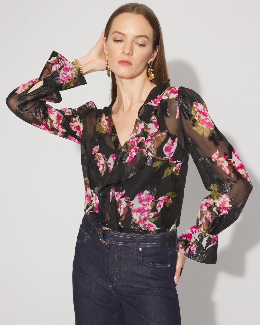 Sheer Metallic Clip Ruffle Blouse | White House Black Market